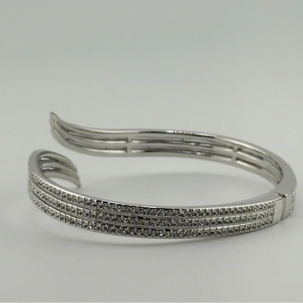NADRI Silver Tone Crystal Pavé Hinged Cuff Bracelet Wrap Bangle Statement